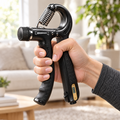 Close-up of a hand squeezing the adjustable hand gripper with rep counter