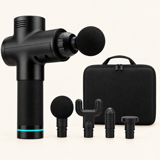 Black percussion massage gun with 4 interchangeable heads and carry case