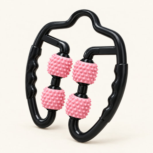 U-shaped trigger-point massage roller with black frame and four pink rollers