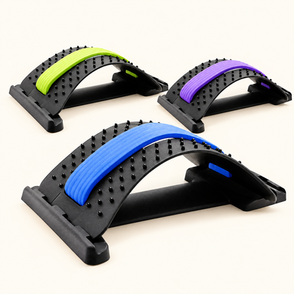 Lumbar back stretcher in blue, green and purple with black nubbed arch base