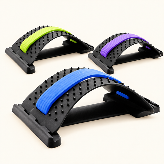 Lumbar back stretcher in blue, green and purple with black nubbed arch base