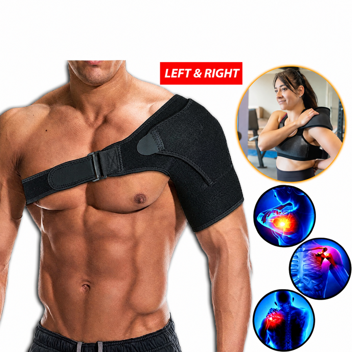 Shoulder compression brace worn on the left or right shoulder