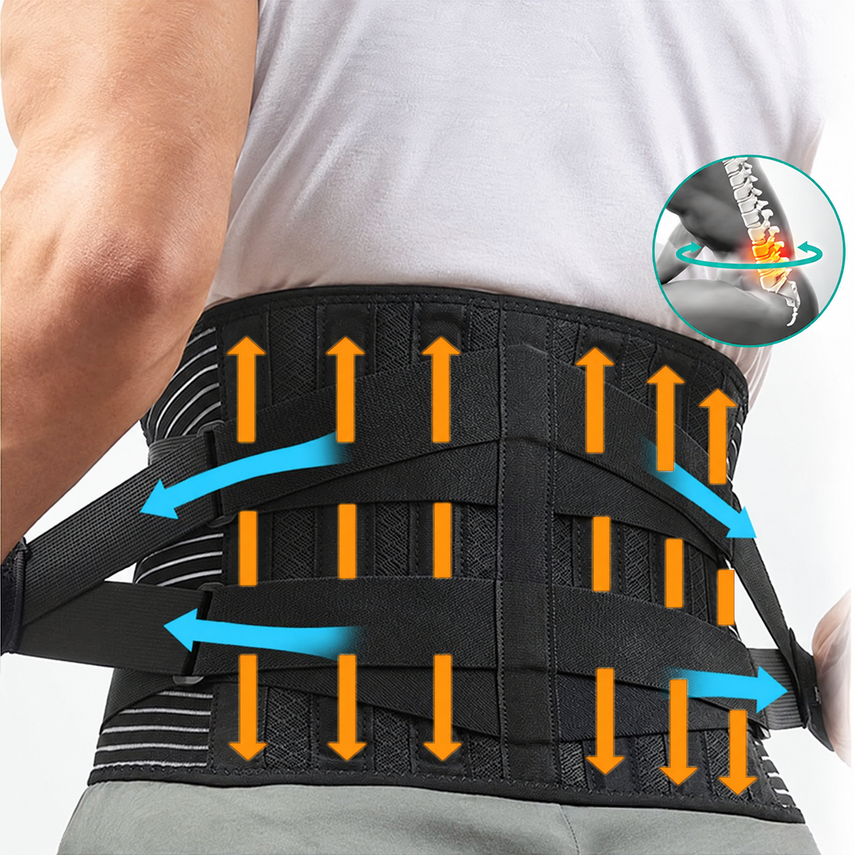 Lumbar support back brace with support stays and compression straps