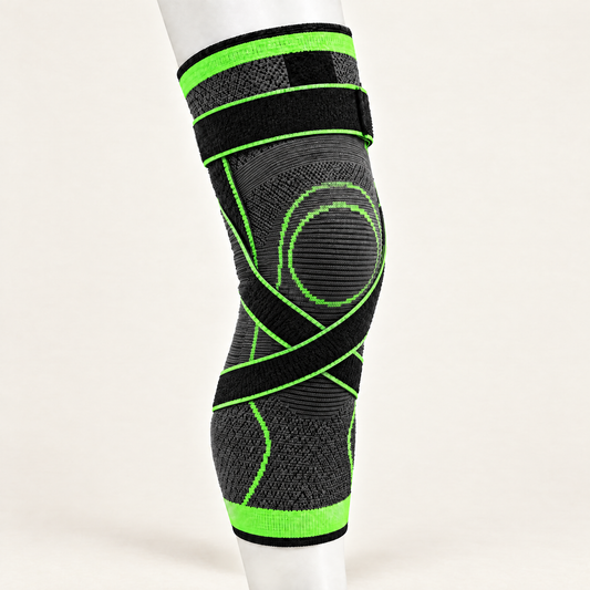 360° compression knee sleeve in charcoal and lime green with straps crossing below the kneecap
