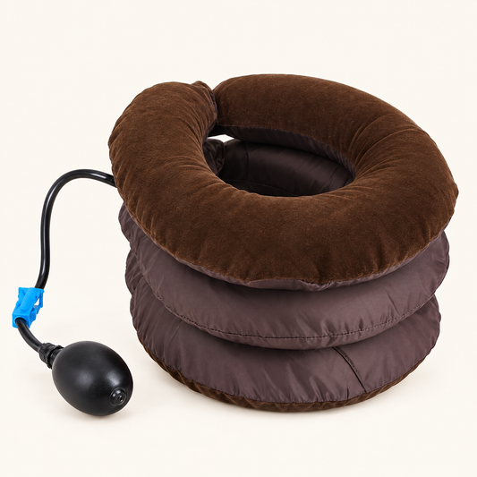 Cervical Traction Pillow: brown 3-ring inflatable neck traction collar with hand pump and release valve