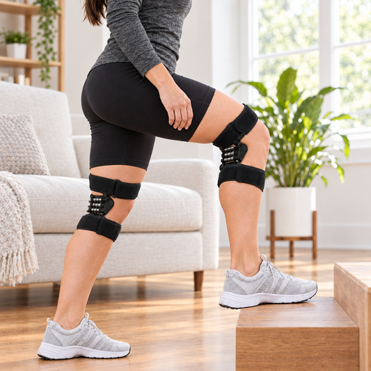 Spring-Assist Knee Support Brace worn on both knees while stepping up, springs positioned behind the knee, side view