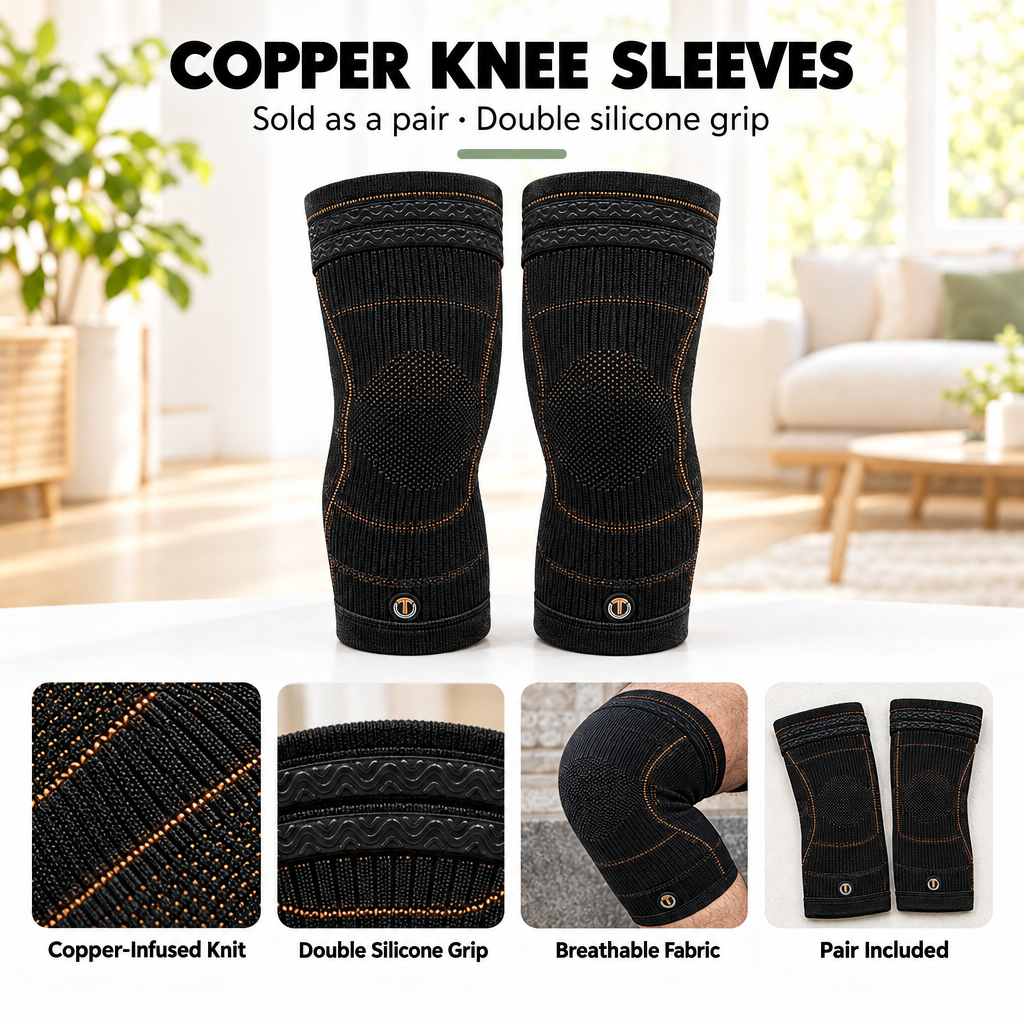 TheraCopper copper compression knee sleeves, pair, with copper-infused knit, double silicone grip and breathable fabric, feature overview