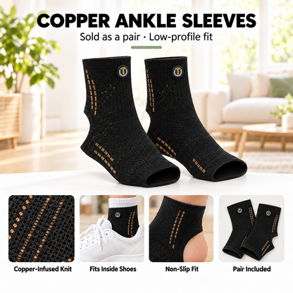 TheraCopper copper compression ankle sleeves, pair, with copper-infused knit and low-profile fit, feature overview