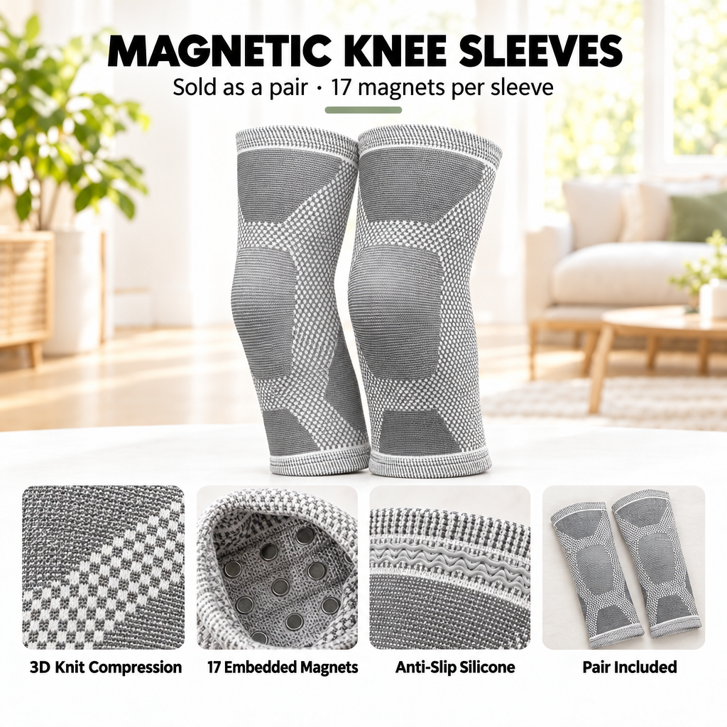 MagnetRX magnetic knee compression sleeves, pair, with 3D knit, 17 embedded magnets and anti-slip silicone, feature overview