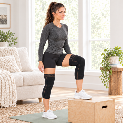 Woman stepping onto a wooden box wearing TheraCopper copper knee sleeves on both knees