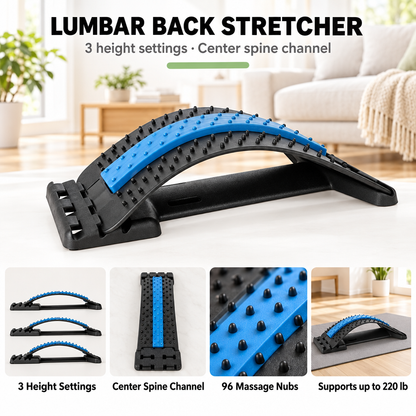Lumbar back stretcher feature overview: 3 height settings, center spine channel, 96 massage nubs, supports up to 220 lb
