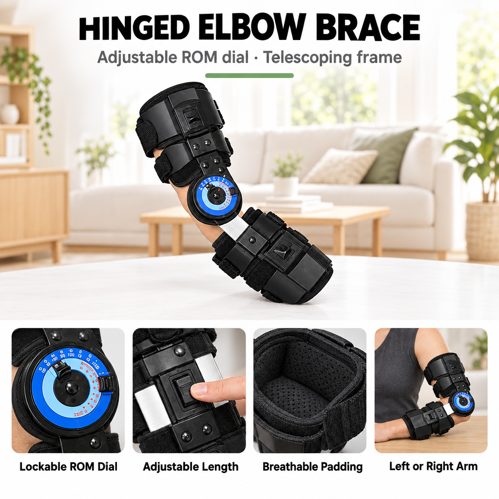 Hinged elbow brace feature overview: lockable ROM dial, adjustable length, breathable padding, left or right arm
