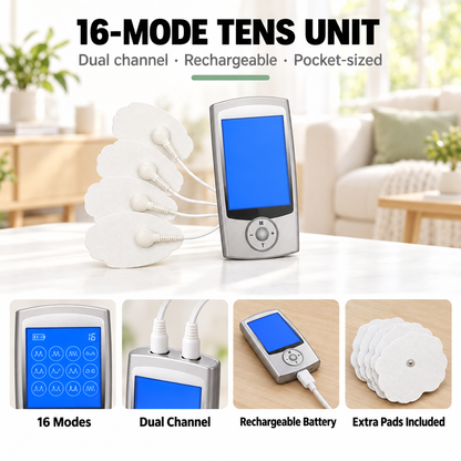 16-mode TENS unit feature overview: 16 modes, dual channel, rechargeable battery, extra pads included