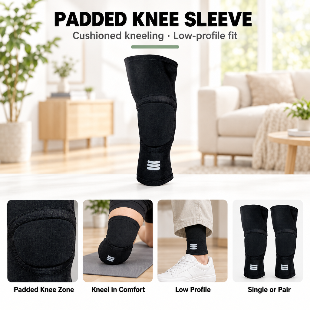 Padded knee sleeve feature overview: padded knee zone, kneel in comfort, low profile, single or pair