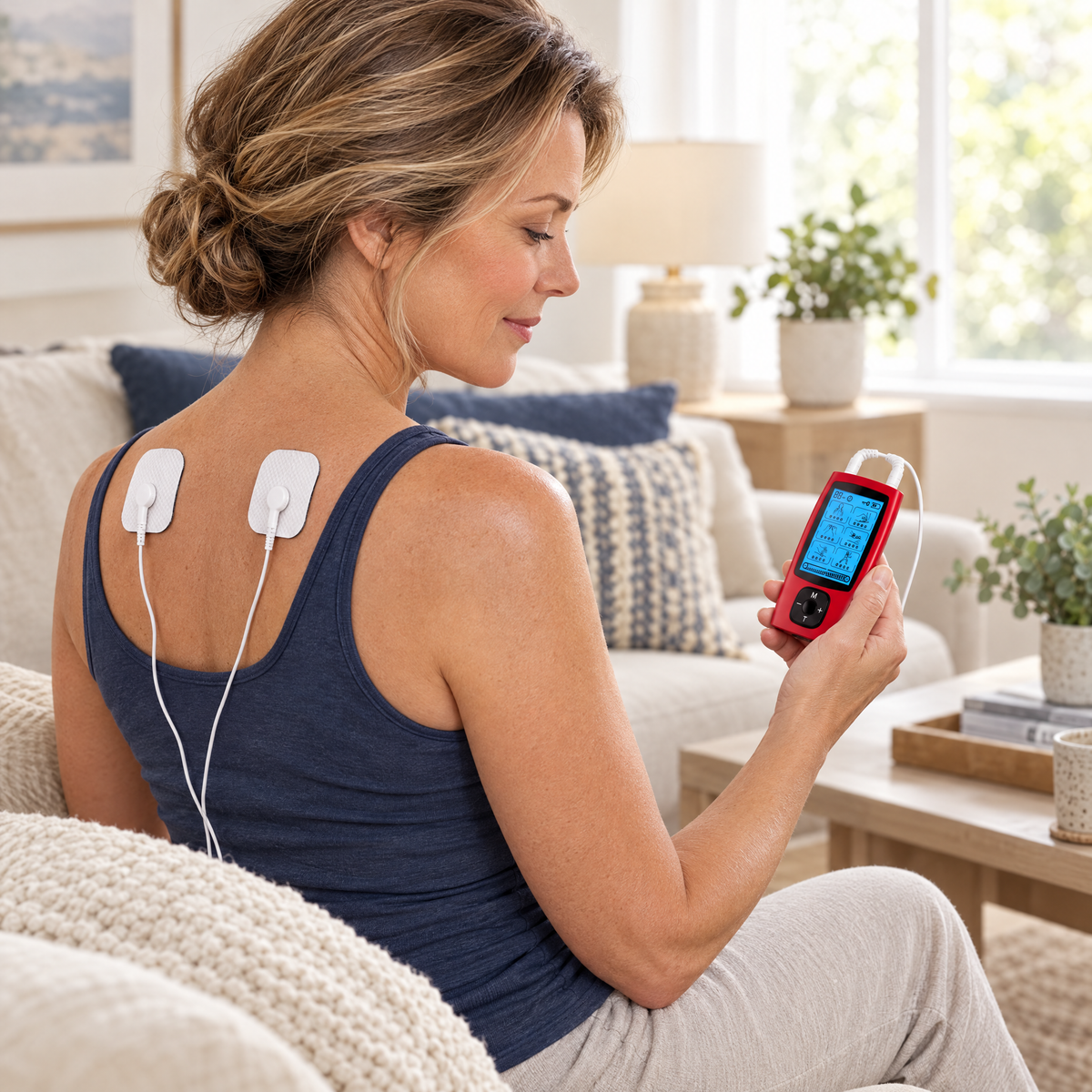 Woman on a sofa holding the 24-mode TENS and EMS unit, with two gel pads on her upper back