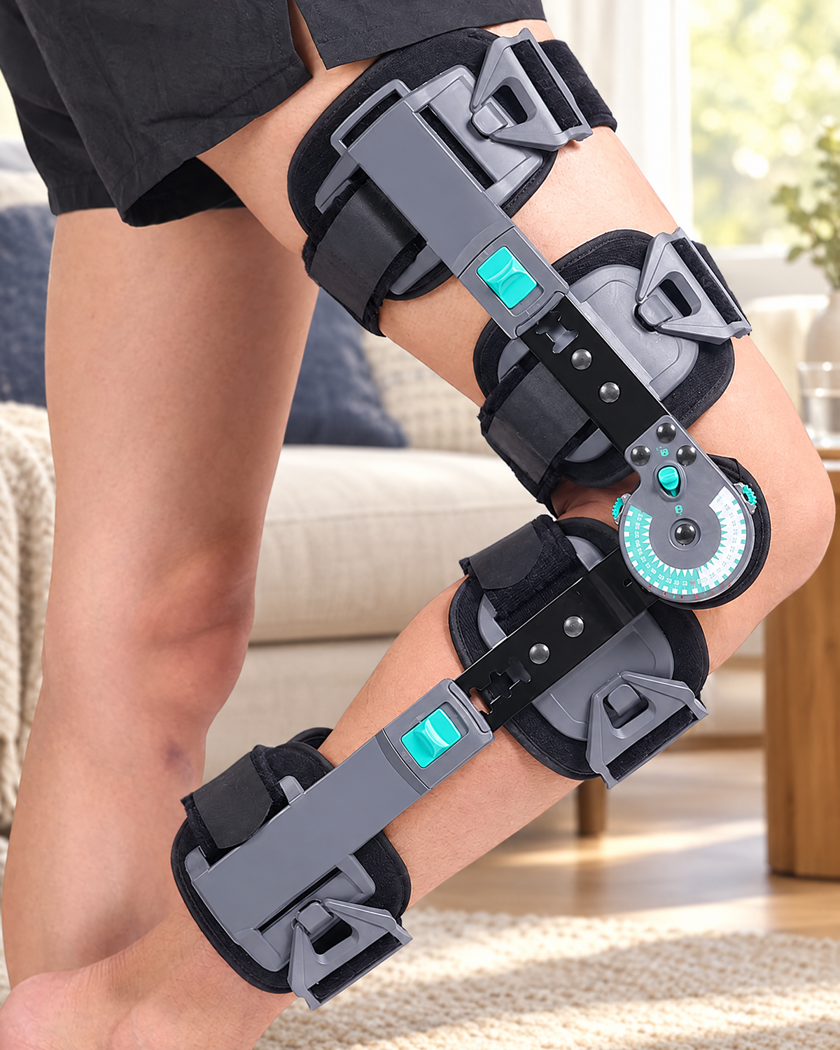 Hinged post-op knee brace worn on the leg, with the range-of-motion dial hinge at the side of the knee