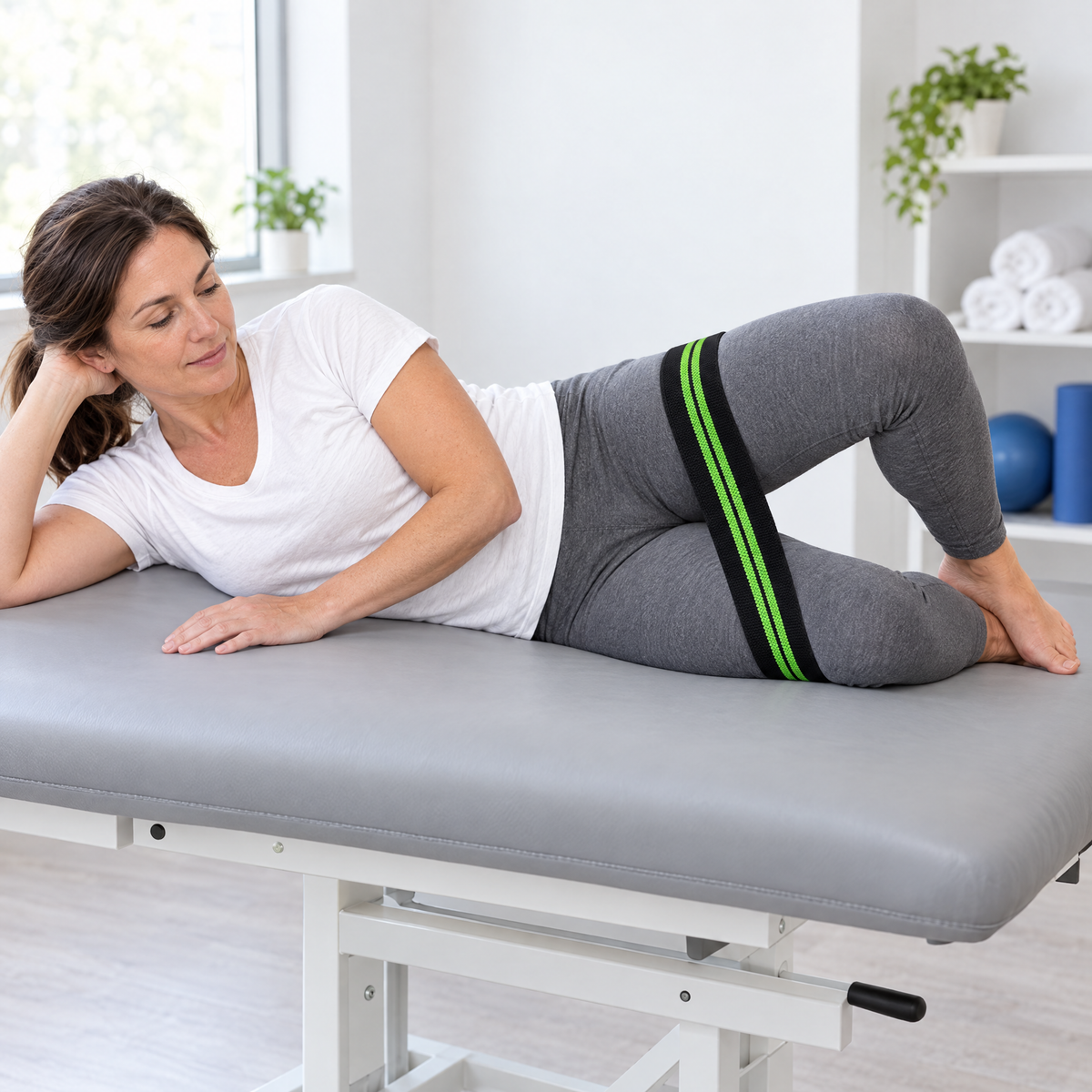Side-lying clamshell with the hip band around both thighs