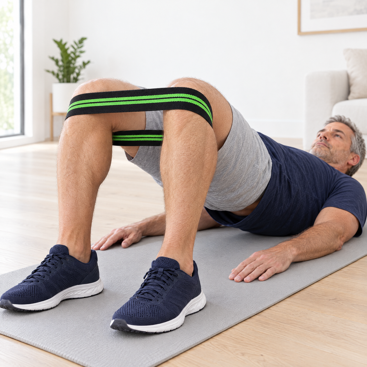 Glute bridge with the hip band looped around both thighs just above the knees
