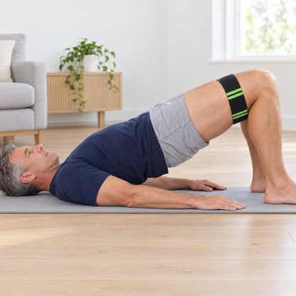 Glute bridge with the hip band on the thighs just above the knees