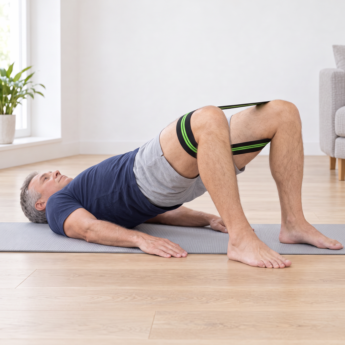 Glute bridge with the hip band looped around both thighs just above the knees