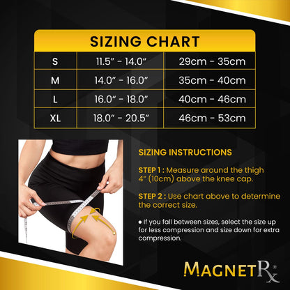 MagnetRX knee sleeve sizing chart: measure around the thigh 4 inches above the kneecap