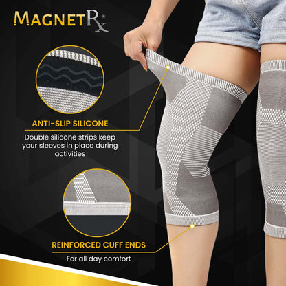 Close-up of the anti-slip silicone strips and reinforced cuff on the MagnetRX knee sleeve
