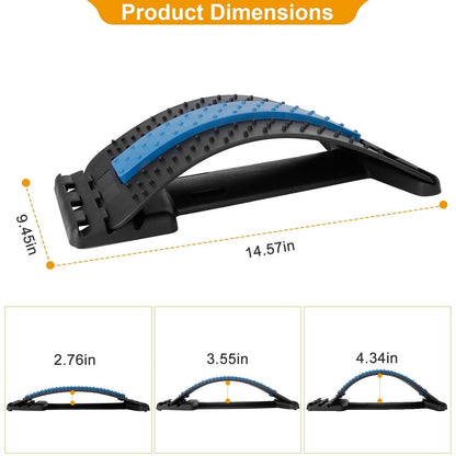 Lumbar stretcher dimensions, 14.57 x 9.45 in, shown at 2.76, 3.55 and 4.34 in heights