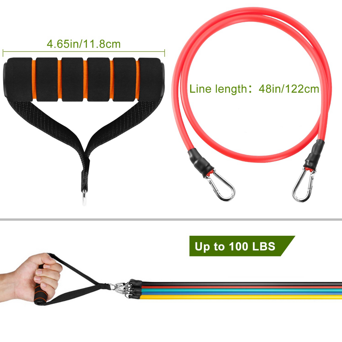 Foam handle is 4.65 in wide and each tube is 48 in long; stack bands for up to 100 lb
