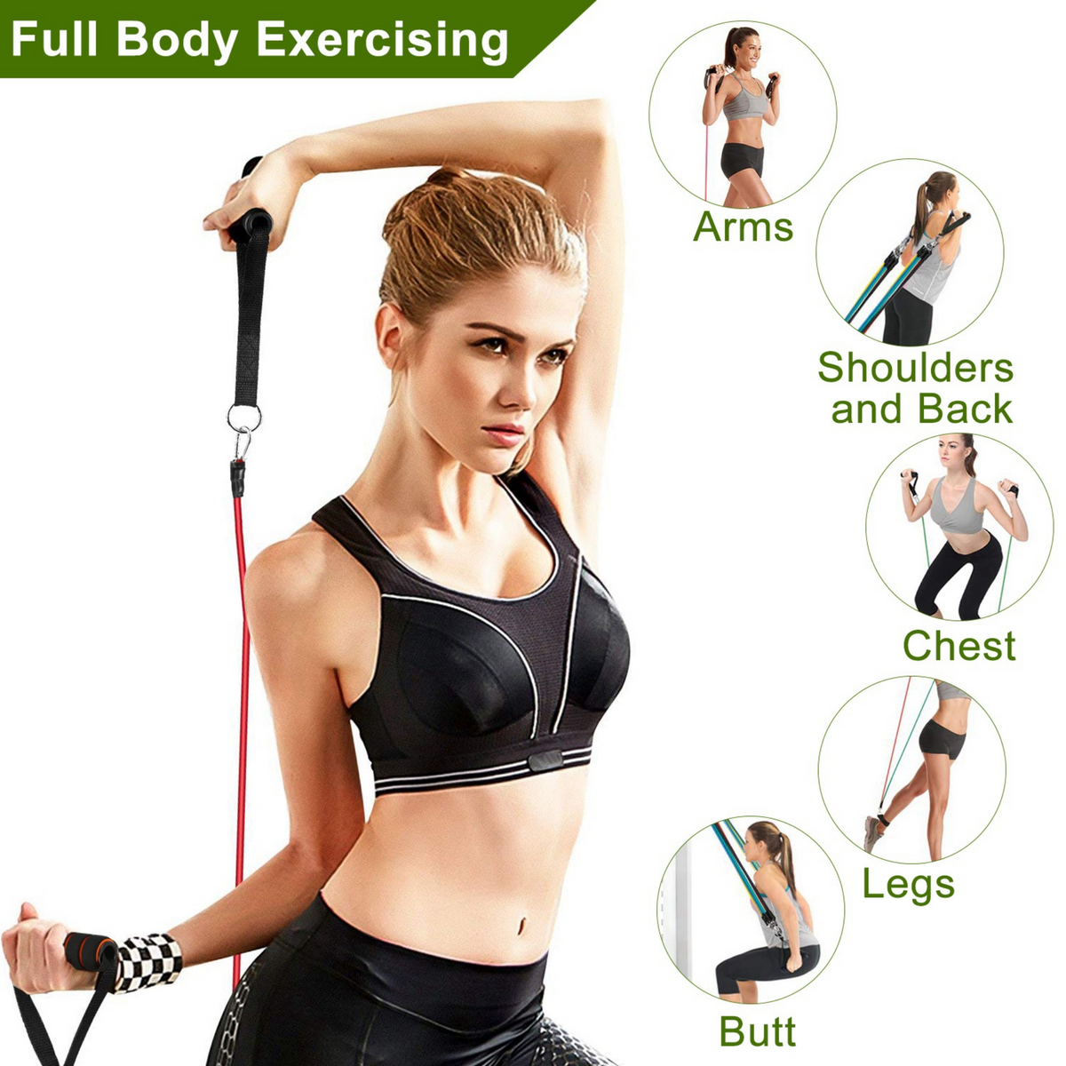 Woman doing an overhead triceps extension with a resistance tube, with example moves for arms, shoulders and back, chest, legs and glutes