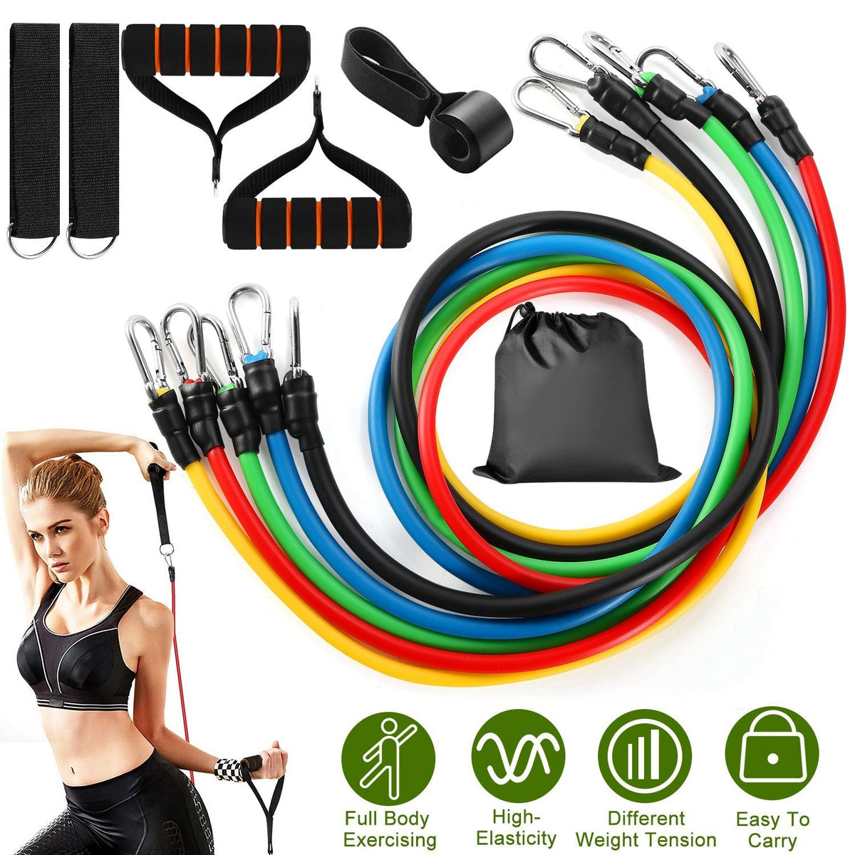 Resistance band set with handles, ankle straps, door anchor and pouch, plus a woman doing an overhead band exercise