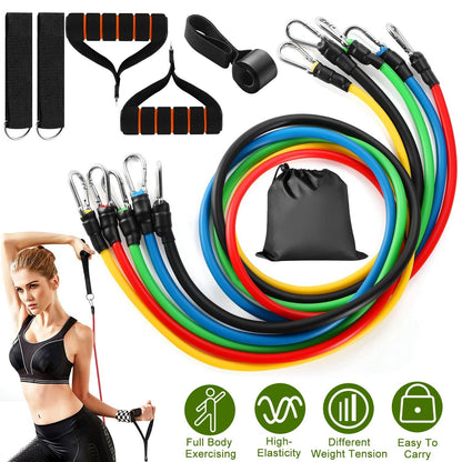 Resistance band set with handles, ankle straps, door anchor and pouch, plus a woman doing an overhead band exercise