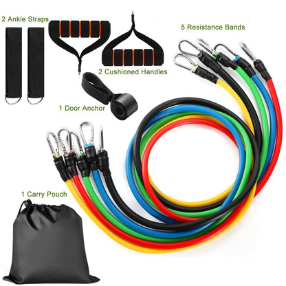 Resistance band set with labeled parts: 2 ankle straps, 2 cushioned handles, door anchor, 5 resistance bands and carry pouch