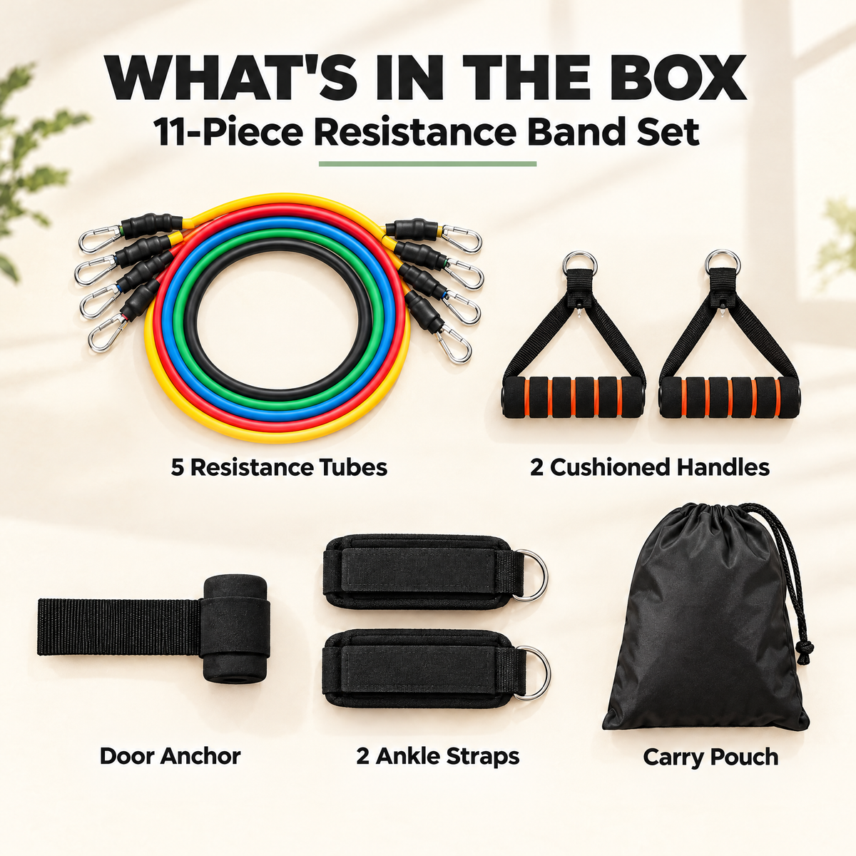 What's in the box: 5 resistance tubes, 2 cushioned handles, door anchor, 2 ankle straps and a carry pouch