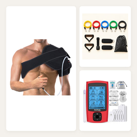 Shoulder Recovery Kit: hot and cold shoulder brace, resistance bands and TENS unit