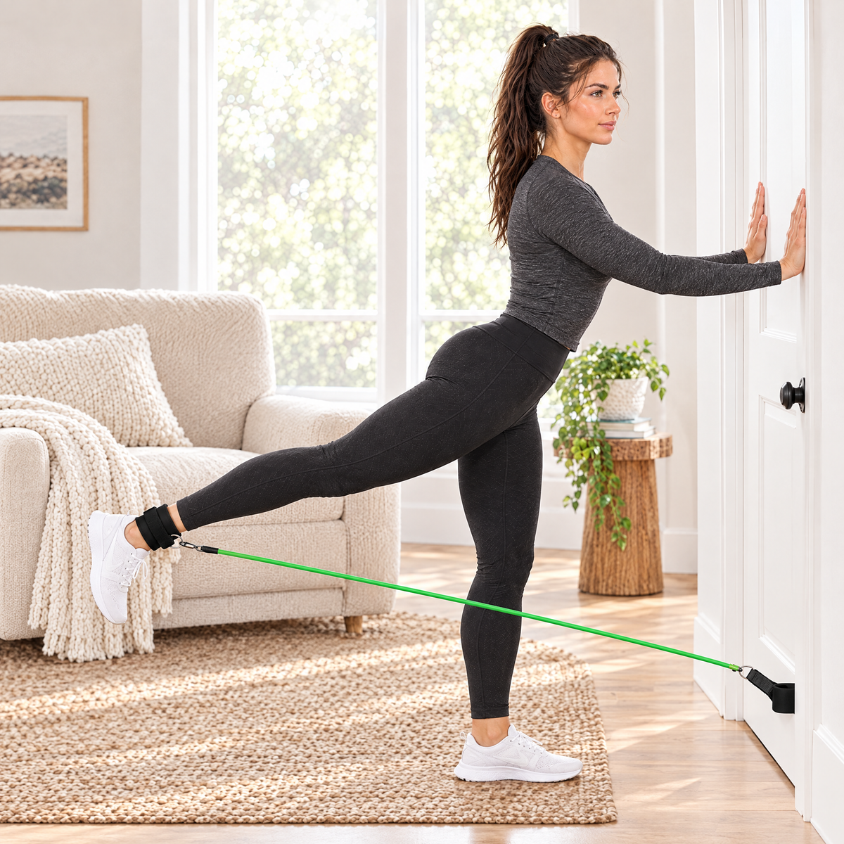 Woman doing a standing hip kickback with an ankle strap and resistance tube anchored in a door