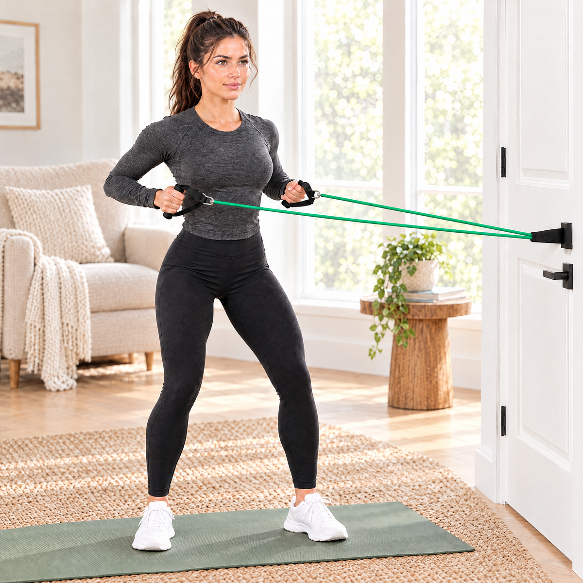 Woman doing a standing row with a door-anchored tube resistance band