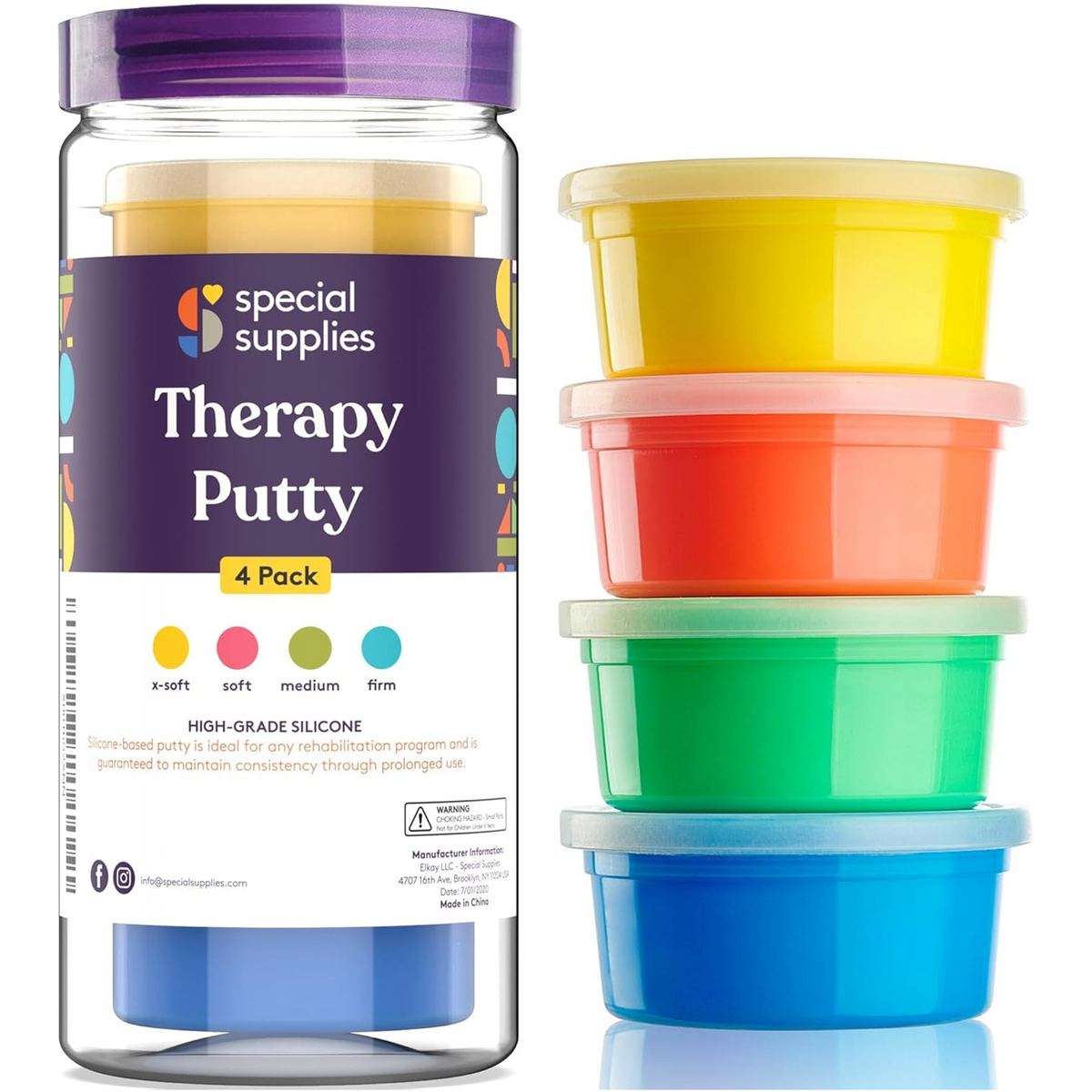 Therapy putty 4-pack in four resistance levels: yellow, red, green and blue tubs beside the clear storage canister