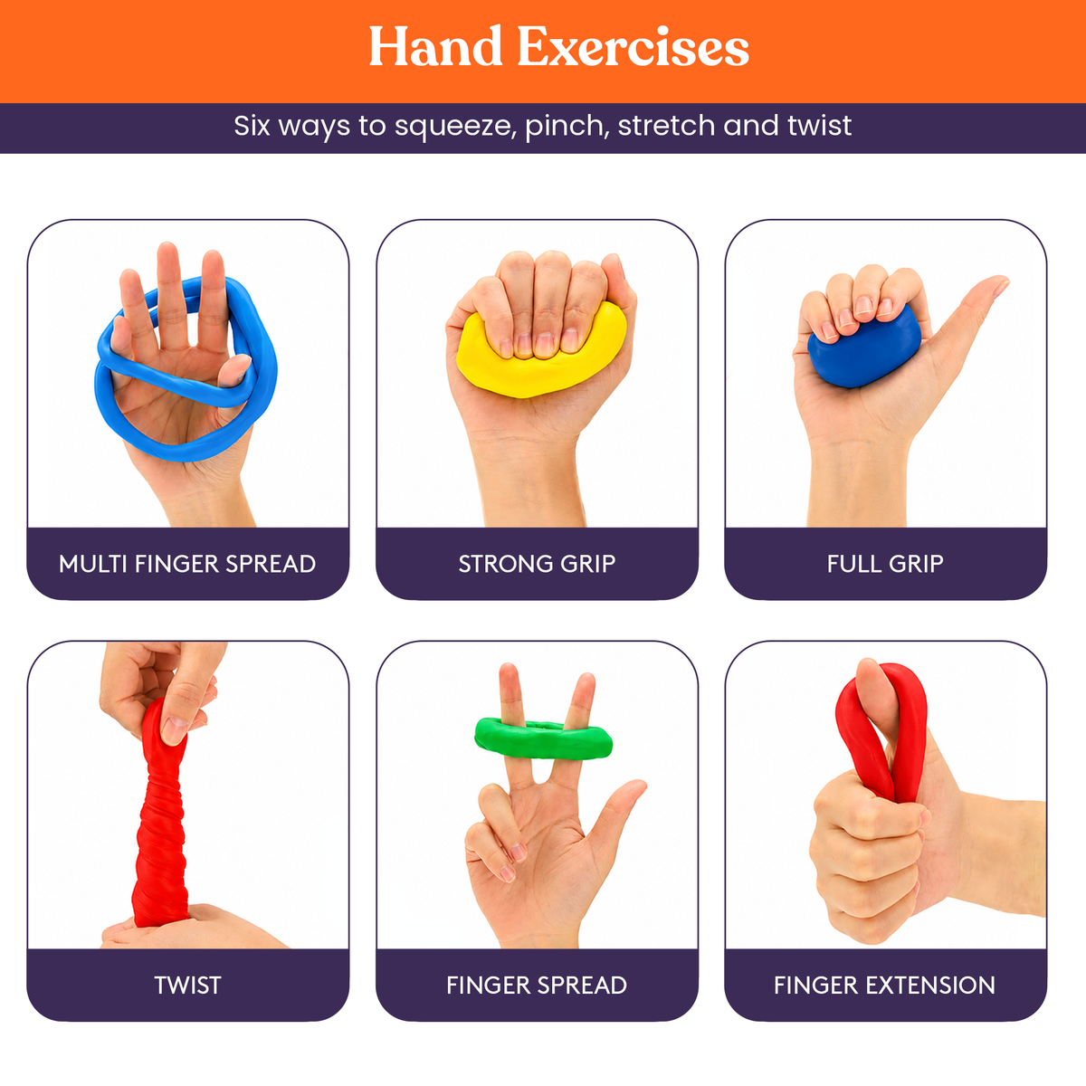 Six therapy putty hand exercises: multi-finger spread, strong grip, full grip, twist, finger spread and finger extension