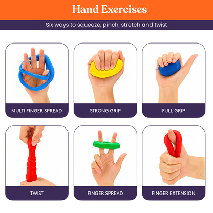 Six therapy putty hand exercises: multi-finger spread, strong grip, full grip, twist, finger spread and finger extension
