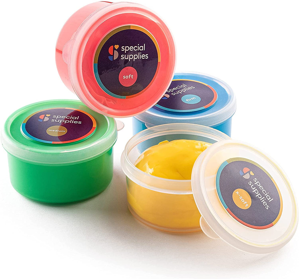 Four open therapy putty tubs with lids in red, green, blue and yellow