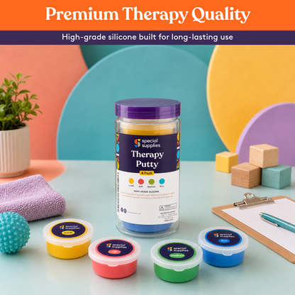 Therapy putty canister and four colored tubs on a table