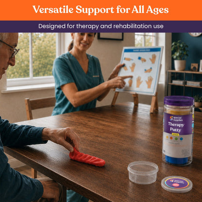 Older adult using red therapy putty at a table while a therapist points to a hand exercise chart